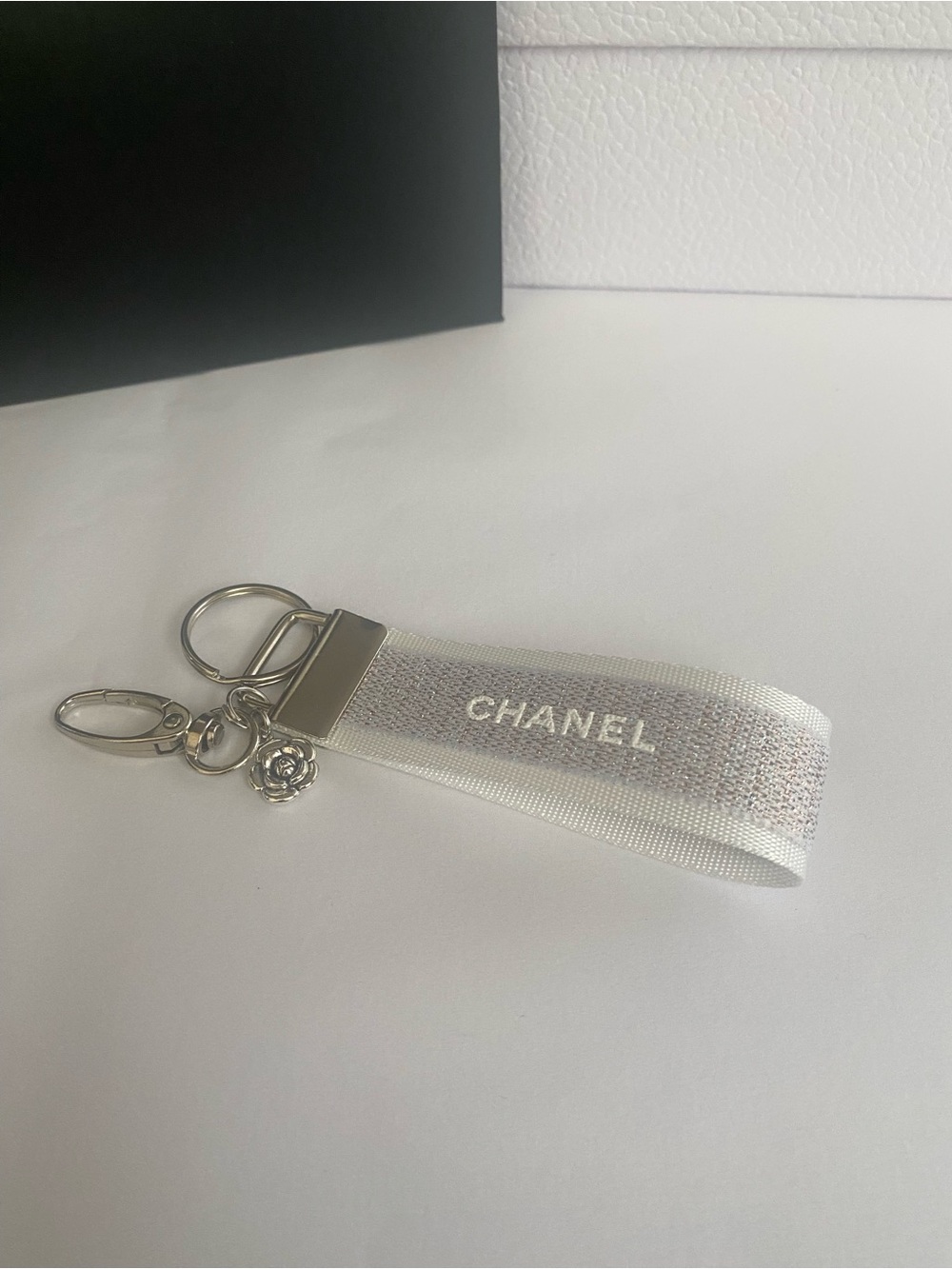 Chanel Ribbon Silver Logo Ribbon Keychain